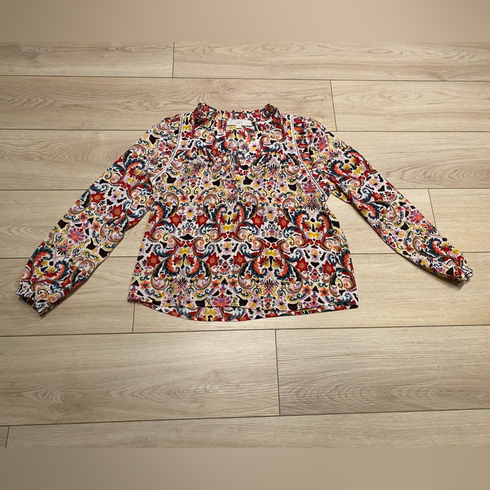 LOFT Petite Border Floral Cutout Ruffle Neck Blouse